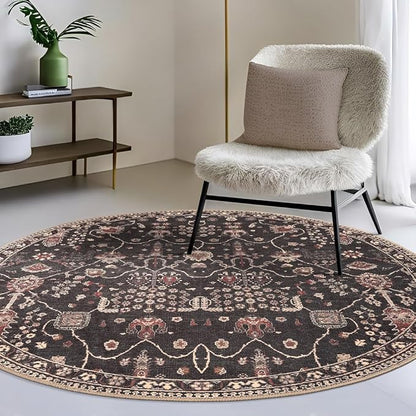 GLN Rugs Traditional Collection - Machine Washable Area Rug, Traditional Washable, Non Slip, Low Pile Chenille Rug, Living Room, Bedroom, Kitchen Rug (5'3" Round Black)