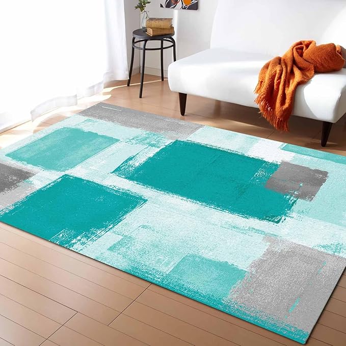 Teal Green Rectangular Area Rugs for Living Room Bedroom 4 x 6 ft Abstract Paint Texture Modern Art Non-Shedding Soft Low Pile Rug Non Slip Washable Rug for Nursery Entryway Playroom