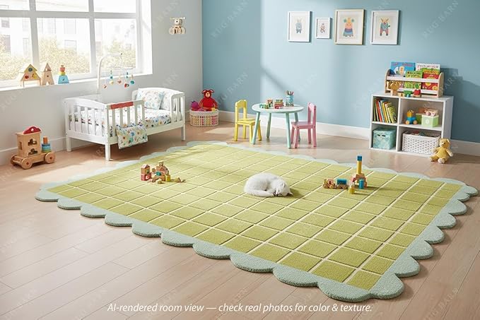 Checkered Wool Area Rug with Scalloped Border, Chartreuse Green & Cream Grid, Hand-Tufted, Soft Cut Pile, Modern Cottagecore Living Room, Bedroom & Nursery Carpet - 9x12 Ft