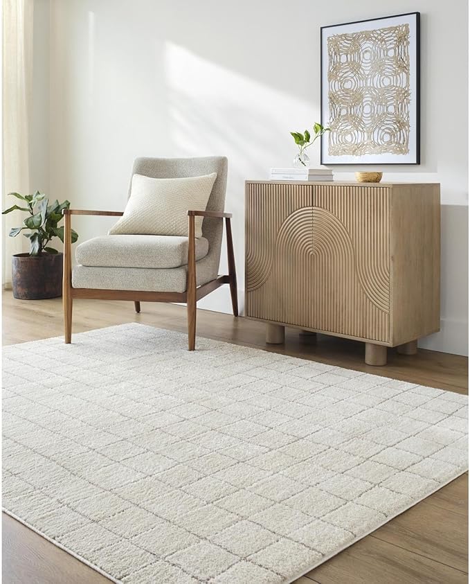 Livabliss x Our PNW Home Cascade Minimalist Grid Area Rug, 9'2" x 12', Grid Ivory/Taupe