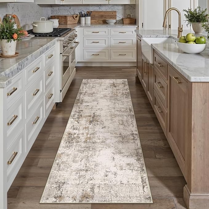 3x7 Washable Runner Rug Brown Grey Abstract Hallway Kitchen Throw Rug Neutral Modern Non Slip Soft Low Pile Carpet for Bathroom Laundry Bedroom Living Room
