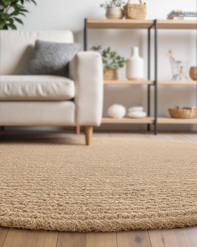 DEXI Round Jute Rug Natural Fiber 5x5, Braided Woven Area Rugs No Shed, Soft Neutral Rustic Carpet Mat for Indoor Outdoor Patio Dining Living Room Bedroom Farmhouse, 5ft, Beige
