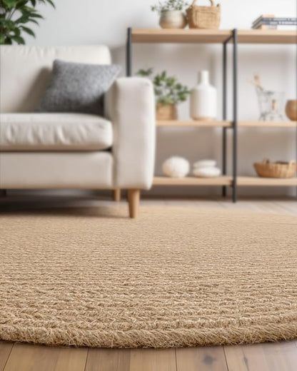 DEXI Round Jute Rug Natural Fiber 5x5, Braided Woven Area Rugs No Shed, Soft Neutral Rustic Carpet Mat for Indoor Outdoor Patio Dining Living Room Bedroom Farmhouse, 5ft, Beige