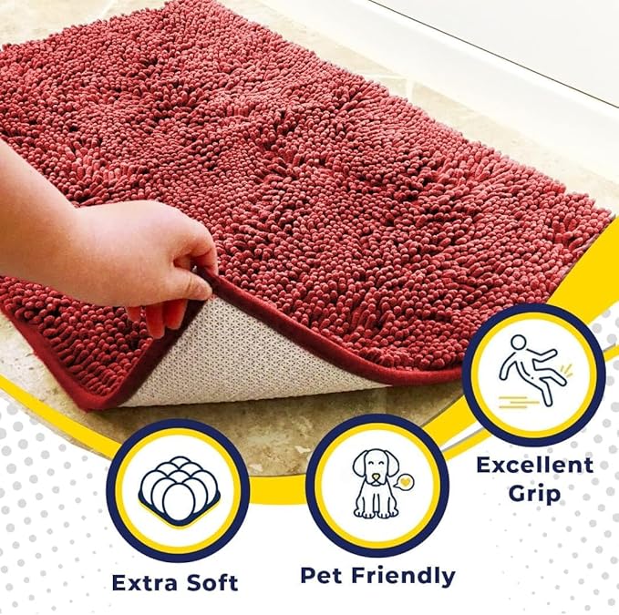 Muddy Mat® AS-SEEN-ON-TV Highly Absorbent Microfiber Door Mat and Pet Rug, Non Slip Thick Washable Area and Bath Mat Soft Chenille for Kitchen Bathroom Bedroom Indoor and Outdoor - Red 24" x 96"