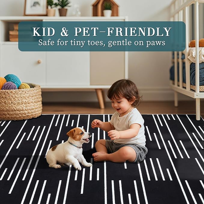 YIHOUSE Abstract Washable Rug 8x10,Ultra Thin Non Slip Black Rugs for Living Room,Modern Minimalist White Stripe Rugs for Bedroom,Dining Room Office Playroom (8'x10',Black-3)