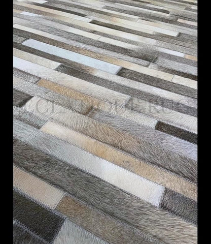 Cowhide Leather Rug for Living Room 6x9, Modern Stripes Style Floor Carpet, Dark Grey Area Rug for Home Decor