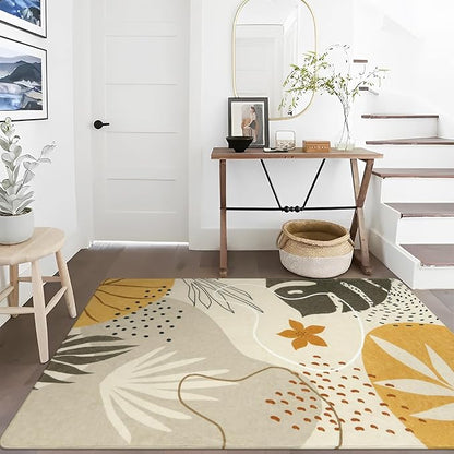 Lahome Boho Living Room Rug - 4x6 Washable Non-Slip Soft Area Rug for Bedroom, Ultra-Thin Throw, Tan Botanical Print Indoor Modern Floral Carpet for Entryway, Office, Kitchen, Nursery