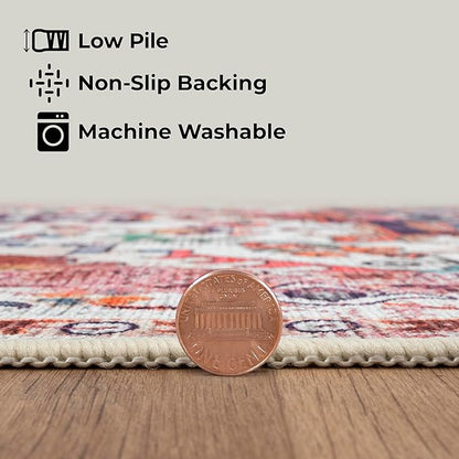 GLN Rugs Traditional Collection - Machine Washable Area Rug, Traditional Washable, Non Slip, Low Pile Chenille Rug, Living Room, Bedroom, Kitchen Rug (2'6" x 10' Pink/Multicolor)
