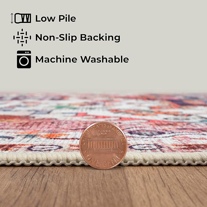 GLN Rugs Traditional Collection - Machine Washable Area Rug, Traditional Washable, Non Slip, Low Pile Chenille Rug, Living Room, Bedroom, Kitchen Rug (5' x 7' Pink/Multicolor)