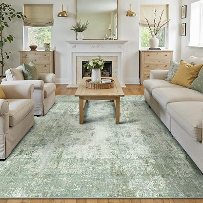 8x10 Washable Area Rug Sage Green Abstract Living Room Bedroom Carpet Neutral Modern Non-Slip Soft Low Pile Lightweight Vacuumable Large Throw Rug for Dining Room