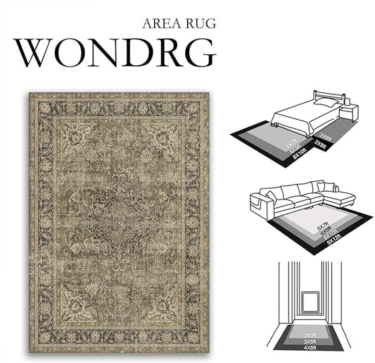 10x12 Brown Area Rug Vintage Living Room Bedroom Washable Carpet Non-Slip Soft Low Pile Distressed Indoor Large Throw Rug for Dining Room Office