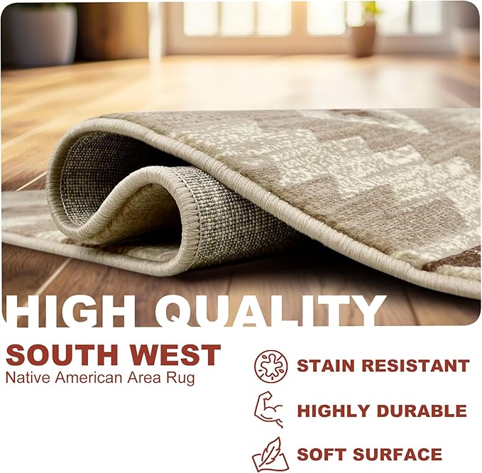 YHSF South West Native American Rug Ritz – Native Tribal American Indian Inspired Rug - Living Room, Bedroom, Hallway, Entryway & High-Traffic Area Rugs - Washable - Soft - Mocha, 5 Feet x 7 Feet