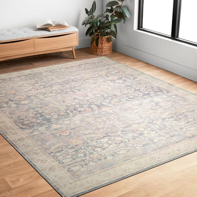 Loloi Hathaway Collection HTH-02 Denim/Multi 5'-0" x 7'-6", .25" Thick Area Rug, Soft, Durable, Printed, Modern, Low Pile, Non-Shedding, Easy Clean, Living Room Rug