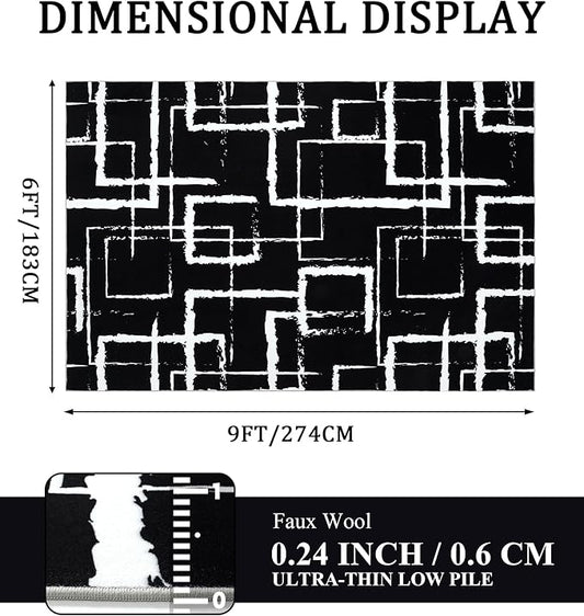 YIHOUSE Black Modern Geometric Area Rug 6x9, Black and White Rug with Abstract Rectangular Patterns,Non-Shedding Washable Rugs for Bedroom, Home Office and Living Room