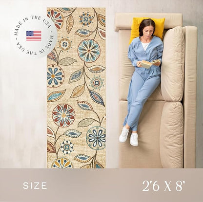 Maples Rugs Reggie Floral Runner Rug - Made in USA - Washable, Non Slip Indoor Carpet for Kitchen, Hallway, and Laundry Room, 2'6" x 8', Beige