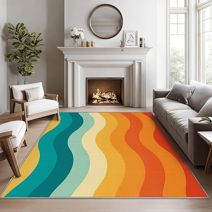 70s Rugs for Bedroom - 2x3 ft, Retro 70s Rug, Vintage Abstract Wave Area Rug, Colorful Groovy Washable Door Mat for Entryway, Kitchen, Retro Swirl Striped Home Decor & Gifts