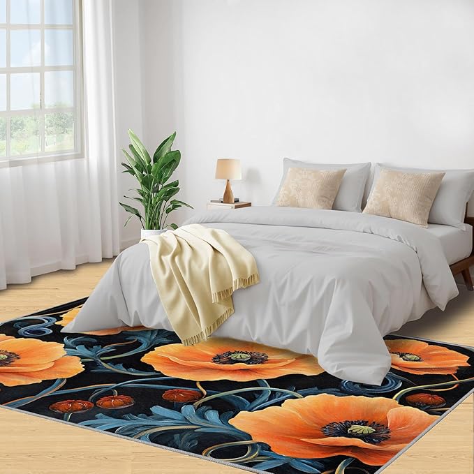 5x8 Poppy Kids Rug - Retro Florals Art Dining Room Rug, Rustic Flowers Art Area Rugs Indoor Modern Rugs for Bedroom Hardwood Floors Teen Room