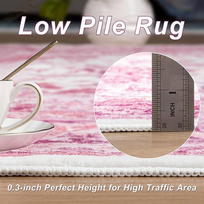 Bright Pink Area Rug for Living Room, 6x9 Machine Washable Rugs with Non-Slip Backing for Girls Bedroom, Large Vintage Carpet for Kitchen Laundry Kids Room