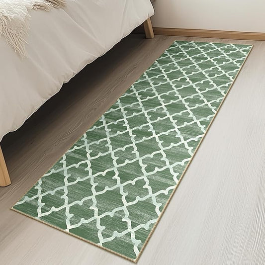 Area Rug 2x6, Moroccan Trellis Print Carpet, Machine Washable Non-Slip Rugs for Living Room, Bedroom, Dining Room & Entryway, Green