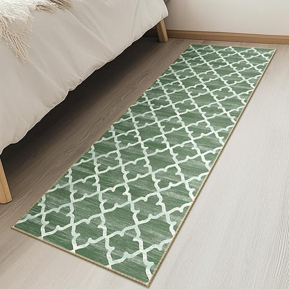 Area Rug 2x10, Moroccan Trellis Print Carpet, Machine Washable Non-Slip Rugs for Living Room, Bedroom, Dining Room & Entryway, Green