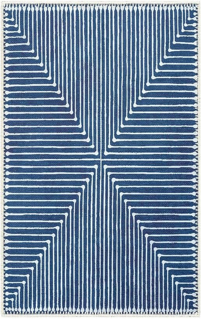 GLN Rugs Contemporary Collection - Machine Washable Area Rug, Contemporary Washable, Non Slip, Low Pile Chenille Rug, Living Room, Bedroom, Kitchen Rug (2' x 3' Lines Blue)