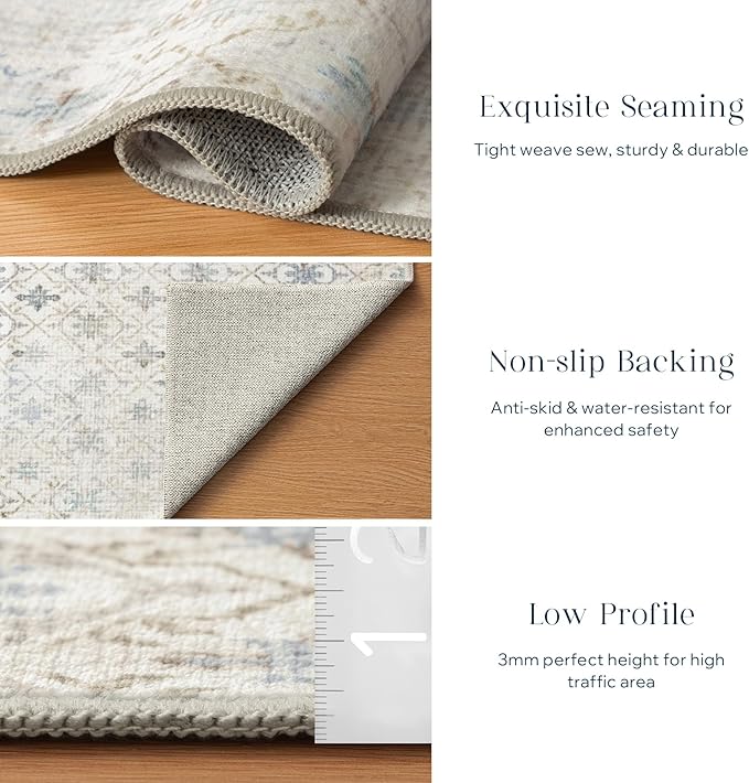 Phantoscope Washable Runner Rug 2'x10' Non-Slip, Modern Hallway Rugs for Entryway, Stair, Bedroom, Dining Room, Distressed Geometric Floral Pattern, Low-Pile Foldable Floor Carpet, Teal Floral/Beige