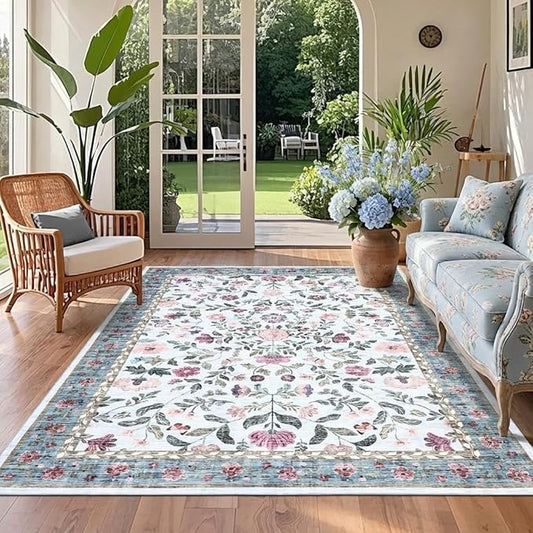 Floral Washable Rug 4x6, Non-Slip Low Pile Botanical Carpet, Vintage Farmhouse Area Rug for Bedroom Nursery Kids Room Home Decor, Light Blue