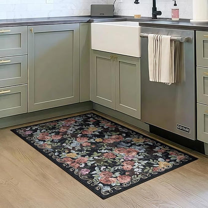 2x3 Machine Washable Area Rug for Entryway, Black Vintage Boho Floral Rug Non-Slip Low Pile Soft Faux Wool Small Carpet, Kids and Pets Friendly for Bedroom Kitchen Hallway Bedside Home Decor Rug