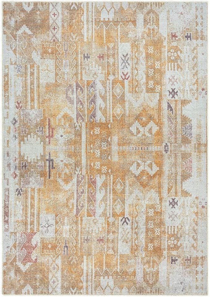 GLN Rugs Traditional Collection - Machine Washable Area Rug, Traditional Washable, Non Slip, Low Pile Chenille Rug, Living Room, Bedroom, Kitchen Rug (5' x 7' Sand/Light Gray)