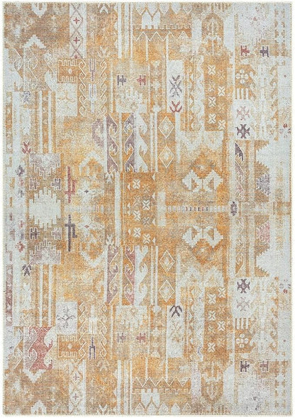 GLN Rugs Traditional Collection - Machine Washable Area Rug, Traditional Washable, Non Slip, Low Pile Chenille Rug, Living Room, Bedroom, Kitchen Rug (4' x 6' Sand/Light Gray)