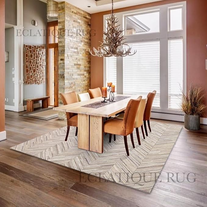Elegant Rectangular Rug Cowhide Leather Stylish Non Slip Chevron Patchwork Area Rug for Bedroom, Indoor and Outdoor Floor Carpet (Beige-9.9 x 14 ft)