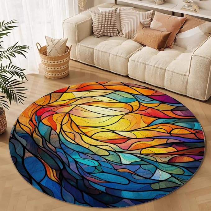 Abstract Colorful Pattern Round Rug Vintage Church Glass Area Rug Washable Soft Non-Slip Floor Carpet Low Pile Accent Rugs for Entryway Living Room Dining Room Bedroom Home Office 3ft