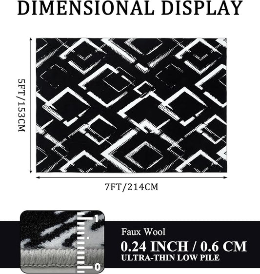 YIHOUSE Black Modern Geometric Area Rug 5x7, Black and White Rug with Abstract Diamond Patterns,Non-Shedding Washable Rugs for Bedroom, Home Office and Small Living Room