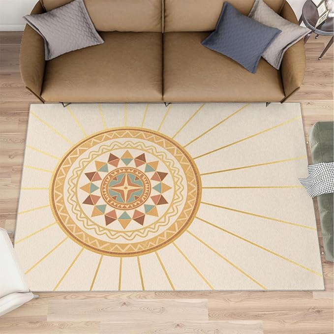 Boho Sun Area Rugs 4x6ft, Minimalist Line Carpet for Bedroom, Geometric Solar Rug for Living Room Easy to Clean for Indoor Outdoor Hardwood Floors Home Decor