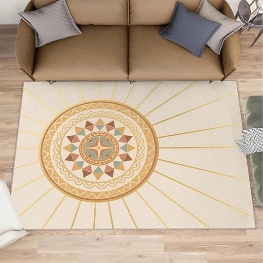 Boho Sun Area Rugs 3x4ft, Minimalist Line Kids Bedroom Rug, Geometric Solar Bedside Rug Durable Non Slip for Cafe Living Room Under Table Boys Room Decor