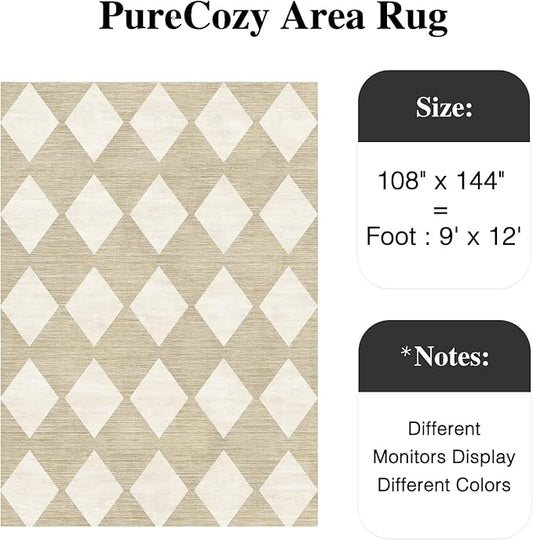 9x12 Checkered Area Rugs for Living Room Beige Machine Washable Large Rug Non-Slip Stain Resistant Low Pile Boho Accent Indoor Throw Carpet for Bedroom Dining Room Home Aesthetic Decor