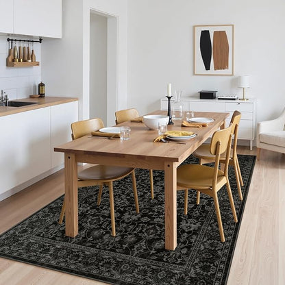 LIVEBOX Washable Area Rug 5x7 - Large Black Boho Living Room Rug Vintage Rugs for Bedroom, Lightweight Retro Carpet Floral Accent Rugs for Dining Room High Traffic Area
