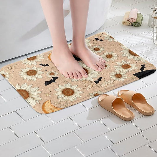 Groovy Daisy Bathroom Rugs for Girls Women Retro Flower Floral Bath Mat Moon and Stars Non Slip Bath Rugs Psychedelic Outer Space Planets Fluffy Plush Rugs 20x32 Halloween Bats Shower Carpet