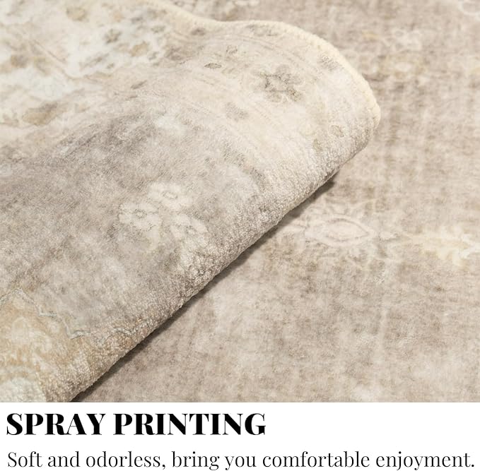 MUJOO Beige Rug 6'x9',Washable Area Rugs for Living Room Bedroom Dining Room, Large Boho Vintage Farmhouse Distressed Non Slip Carpet,Floral Flowers