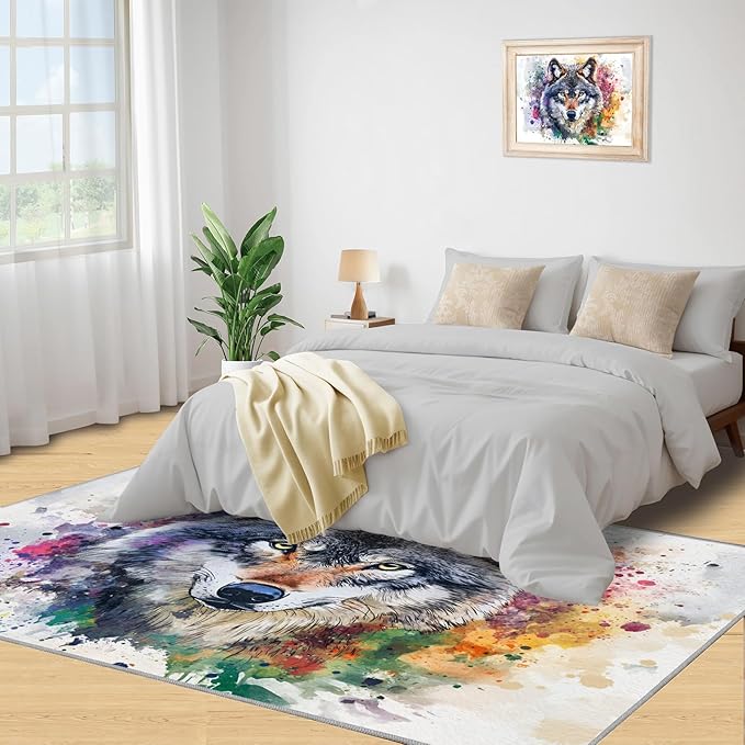 Wolf Rugs for Bedroom - 4x5 Area Rug - Graffiti Wolf Rugs for Living Room, Abstract 3D Animal Graffiti Rug, Washable Home Decor Carpet