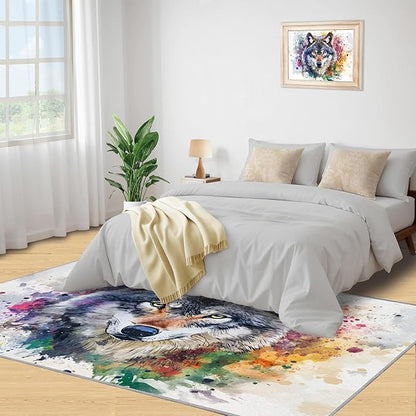 Wolf Rugs for Bedroom - 4x5 Area Rug - Graffiti Wolf Rugs for Living Room, Abstract 3D Animal Graffiti Rug, Washable Home Decor Carpet