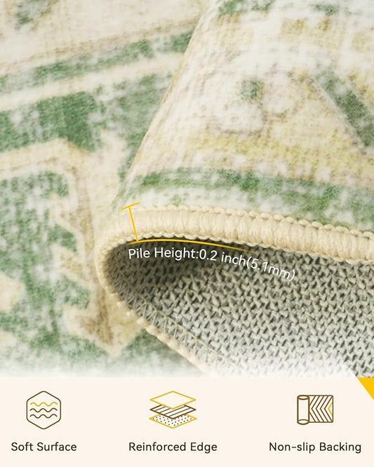 Area Rugs 2'6''x8' Washable Non-Slip, Floral Vintage Distress Print Pattern Medallion Carpet for Living Room Bedroom Dining Room, Sage Green Yellow
