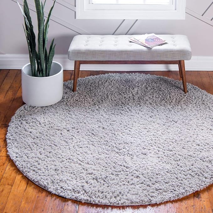 Unique Loom Davos Shag Collection Area Rug - Solid (6' 1" Round, Sterling)