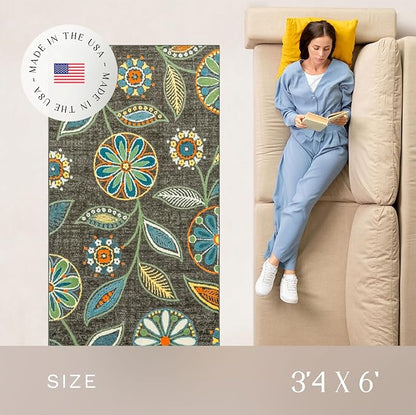 Maples Rugs Reggie Floral Area Rug - Made in USA - Washable, Non Slip, Pet-Friendly Mats for Living Room, Bedroom, and Office, 3'4" x 6', Dark Grey