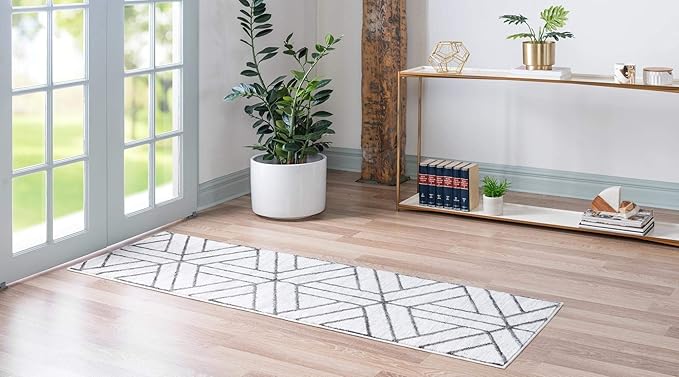 Rugs.com Lattice Trellis Collection Rug – 6 Ft Runner White Low-Pile Rug Perfect for Hallways, Entryways