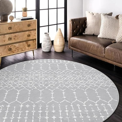 Lahome Moroccan Round Rugs 6Ft Washable Circle Area Rug for Living Room Grey Non-Slip Stain Resistant Dining Room Rug Large Circle Rug, Modern Geometric Print Indoor Round for Bedroom Entryway