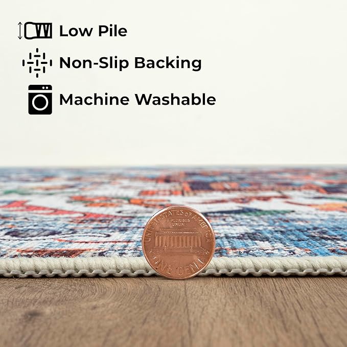 GLN Rugs Traditional Collection - Machine Washable Area Rug, Traditional Washable, Non Slip, Low Pile Chenille Rug, Living Room, Bedroom, Kitchen Rug (2'6" x 10' Blue/Multicolor)