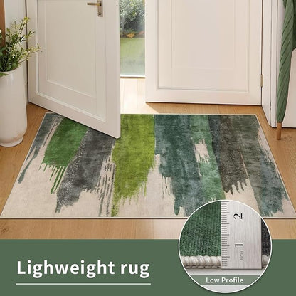 Ciicool 2x6 Washable Runner Rug, Modern Abstract Hallway Rugs Runner, Non-Slip Thin Accent Rug Lightweight Green Print Distressed Carpet for Laundry Entryway Bedroom Kitchen Indoor