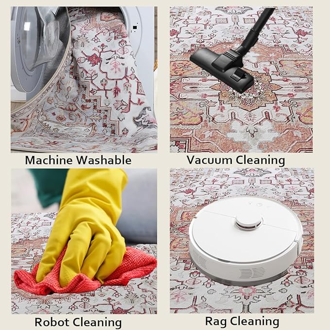 Large Area Rugs 6x9, Washable Vintage Rugs -Low Pile, Soft Plush Rugs for Bedroom, Kitchen, Dining Room, Stain Resistance, Non Shedding & Kid & Pet Friendly, Beige