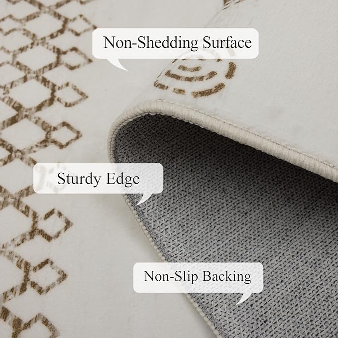 Washable Area Rugs 8x10, Large Rugs for Living Room, Carpet for Bedroom, Boho Soft Faux Wool Retro Dining Room Rug, Non-Slip Backing Resistant Low Pile Vintage Print Rug for Home Office(Beige)